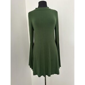 Free People Beach Dress Womens Large Green Bell Sleeve Mock Neck Swing Mini